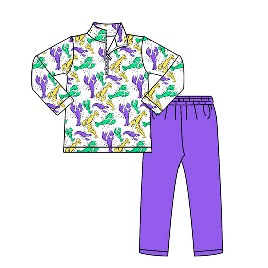MOQ 5 PCS preorder BLP1415 Mardi Gras Crayfish White Zip Collar Long-Sleeved Purple Pants Boys Sets 202512