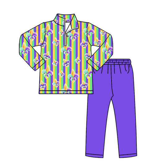 MOQ 5 PCS preorder BLP1416 Mardi Gras Stripe Zip Collar Long-Sleeved Purple Pants Boys Sets 202512