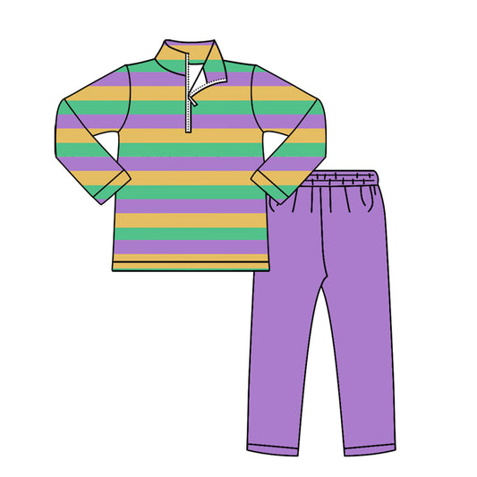 MOQ 5 PCS preorder BLP1418 Mardi Gras Stripe Zip Collar Long-Sleeved Purple Pants Boys Sets 202512