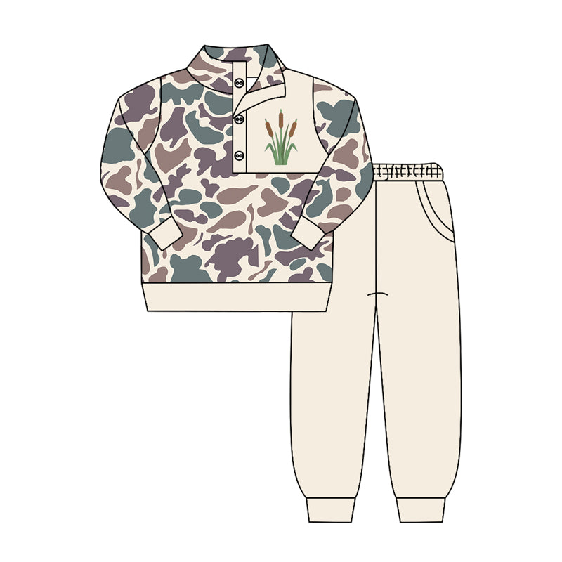 MOQ 5 PCS preorder BLP1422 Cattail Pattern Gray Brown Green Purple Camouflage Buttons Collar Long Sleeve Pants Boys Sets 202604