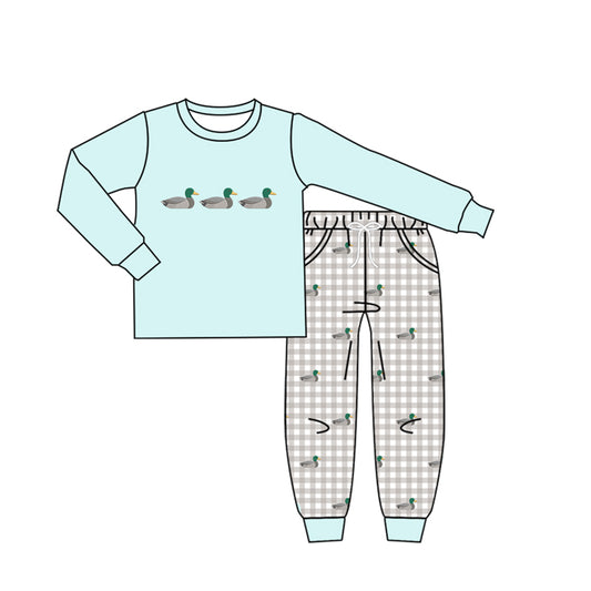 MOQ 5 PCS preorder BLP1424 Ducks Pattern Light Blue Long Sleeve Plaid Pants Boys Sets 202604