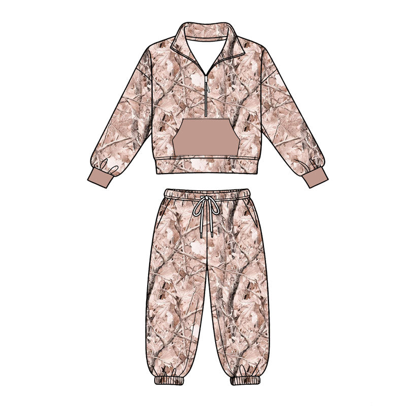 MOQ 5 PCS preorder BLP1429 Branches Leaves Pocket Light Brown Zip Collar Long Sleeve Pants Boys Sets 202604