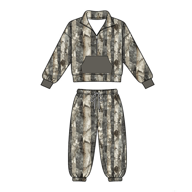 MOQ 5 PCS preorder BLP1431 Gray Green Stripe Camouflage Hunting Pocket Zip Collar Long Sleeve Pants Boys Sets 202604