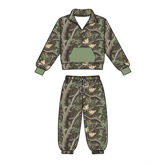MOQ 5 PCS preorder BLP1433 Branches Leaves Hunting Green Pocket Zip Collar Long Sleeve Pants Boys Sets 202604