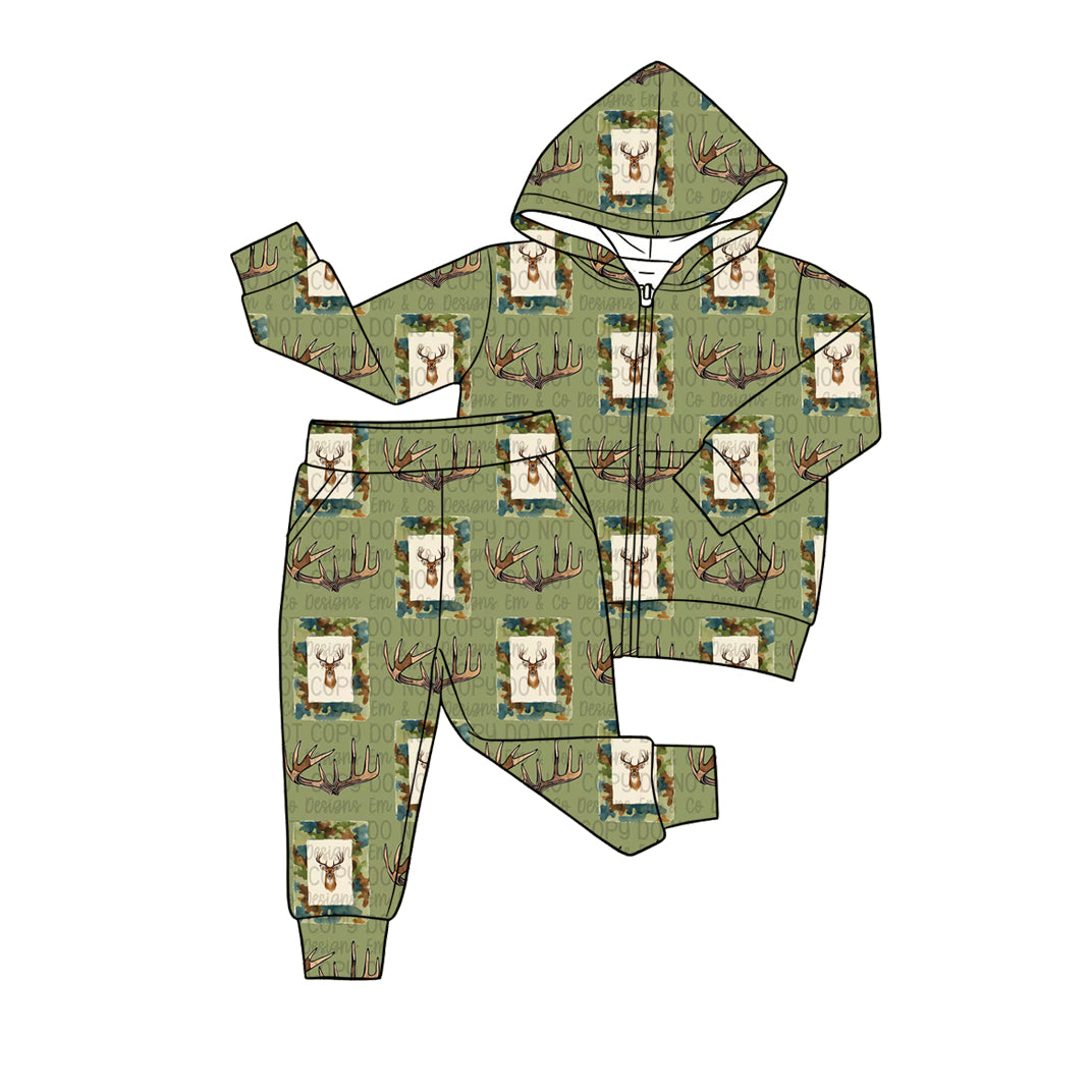 MOQ 5 PCS preorder BLP1434 Deer Hunting Camouflage Green Zip Hooded Long Sleeve Pants Boys Sets 202604