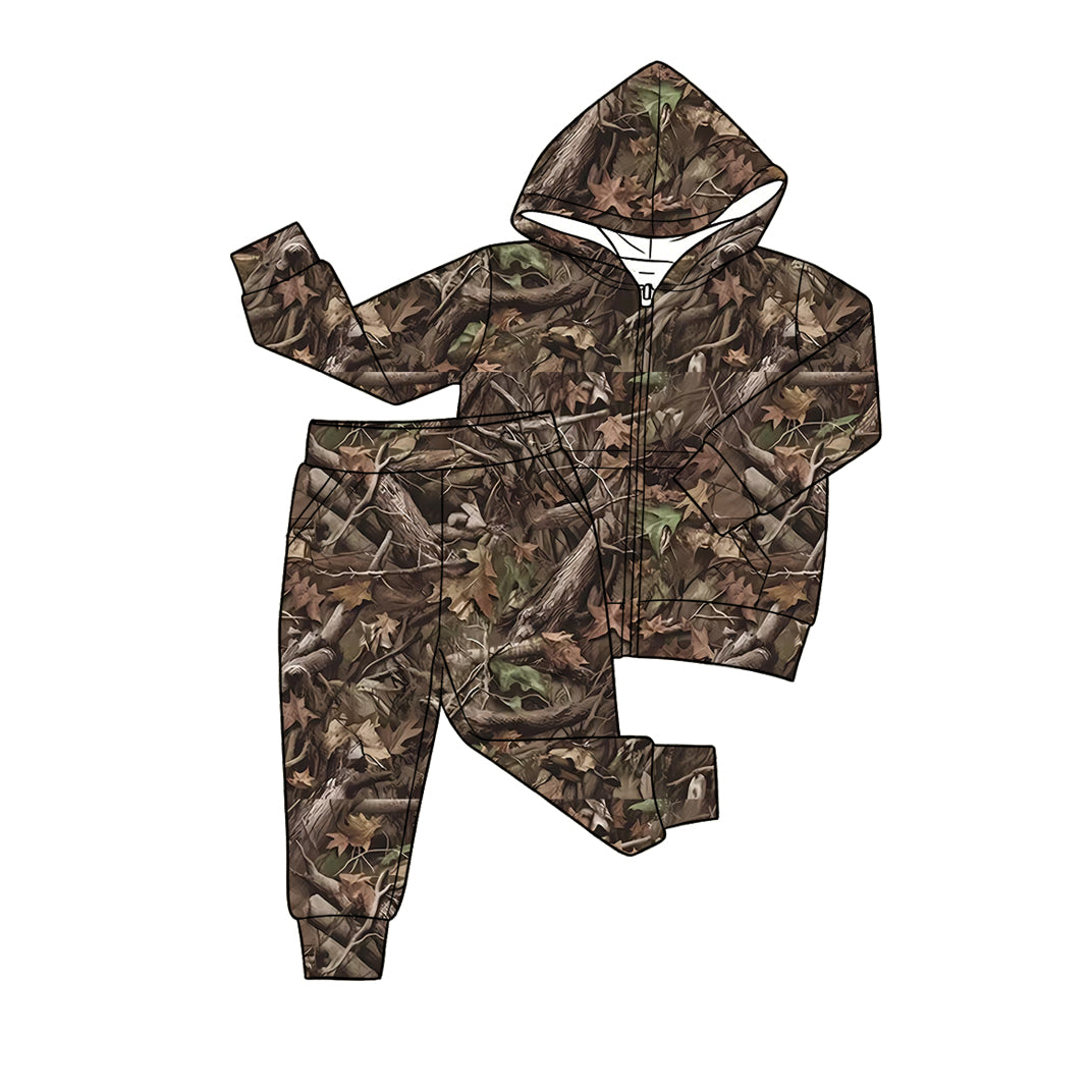 MOQ 5 PCS preorder BLP1437 Branches Leaves Brown Zip Hooded Long Sleeve Pants Boys Sets 202604