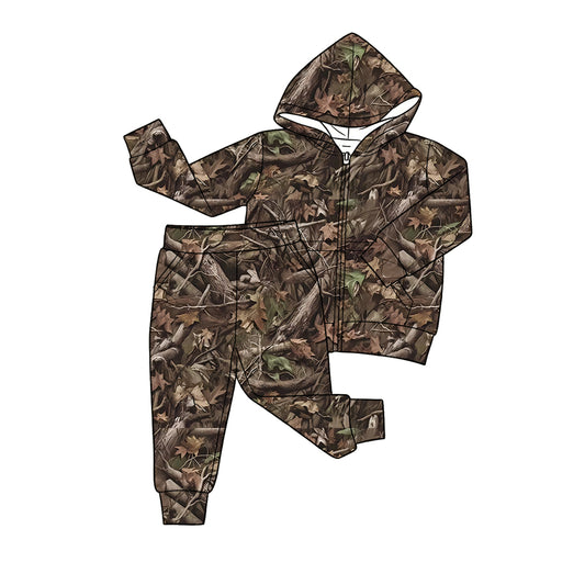MOQ 5 PCS preorder BLP1437 Branches Leaves Brown Zip Hooded Long Sleeve Pants Boys Sets 202604