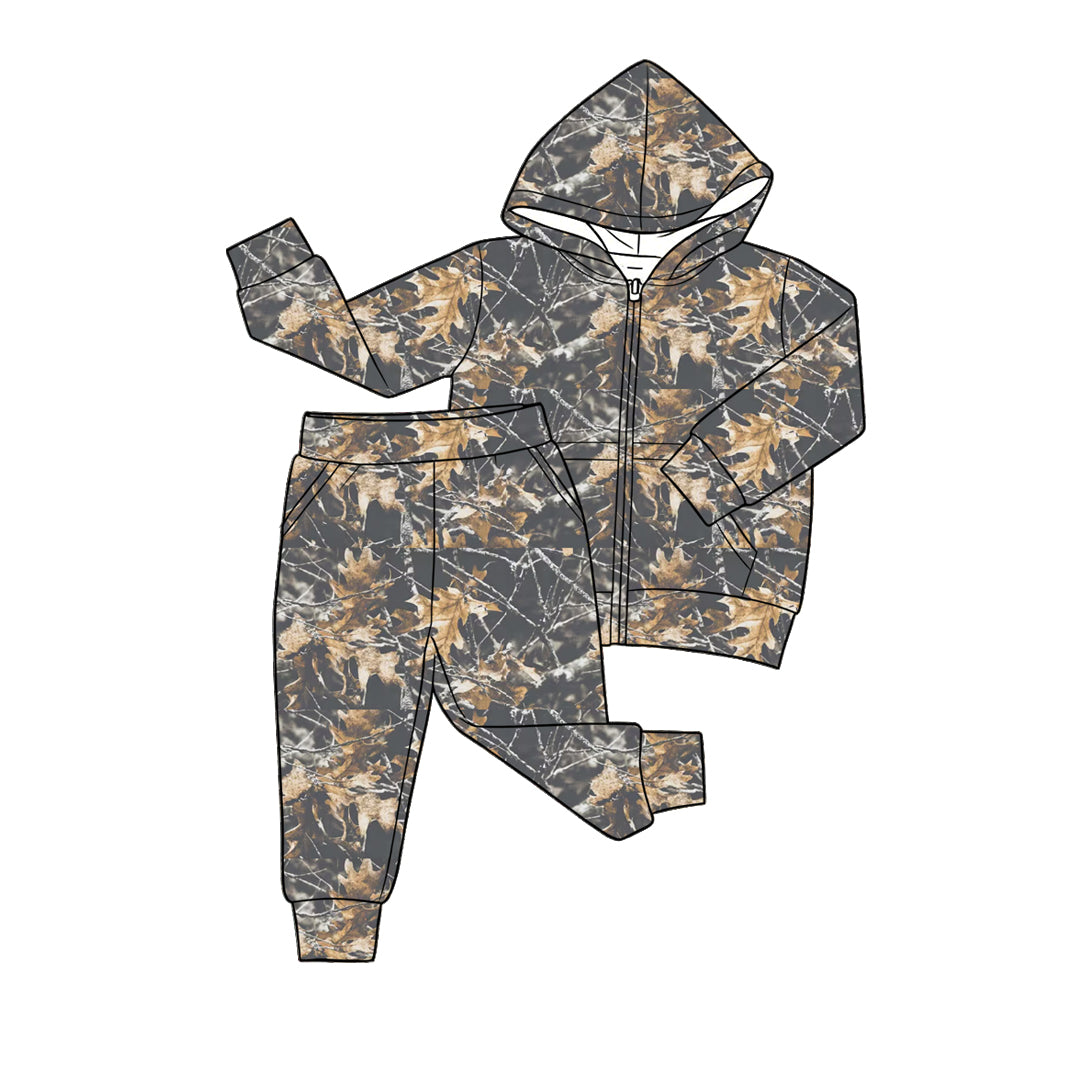 MOQ 5 PCS preorder BLP1439 Branches Leaves Gray Brown Zip Hooded Long Sleeve Pants Boys Sets 202604