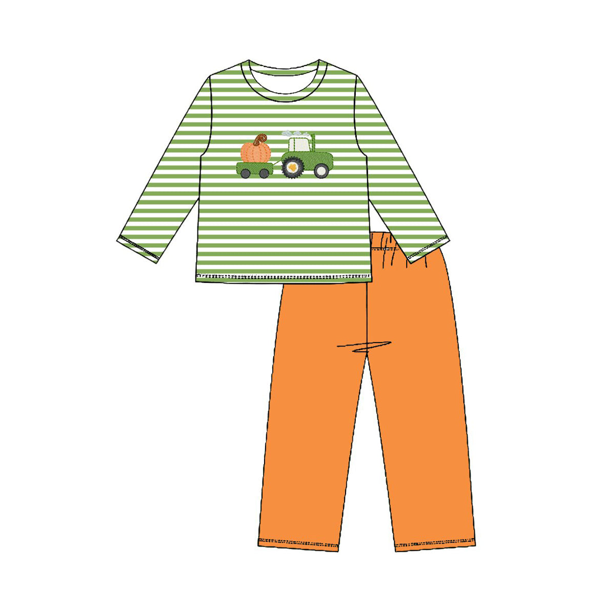 MOQ 5 PCS preorder BLP1441 Pumpkin Truck Green Stripe Long Sleeve Orange Pants Boys Sets 202604