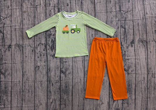 NO MOQ preorder BLP1441 Embroidered Pumpkin Truck Green Stripe Long Sleeve Orange Pants Boys Sets 202606