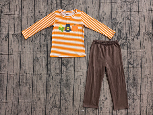 NO MOQ preorder BLP1442 Embroidered Pumpkin Hat Corn Orange Stripe Long Sleeve Brown Pants Boys Sets 202606