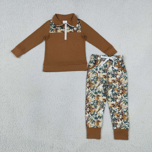 BLP1447 Branches Leaves Brown Zip Collar Long-Sleeved Pants Boys Sets 202608 RTS