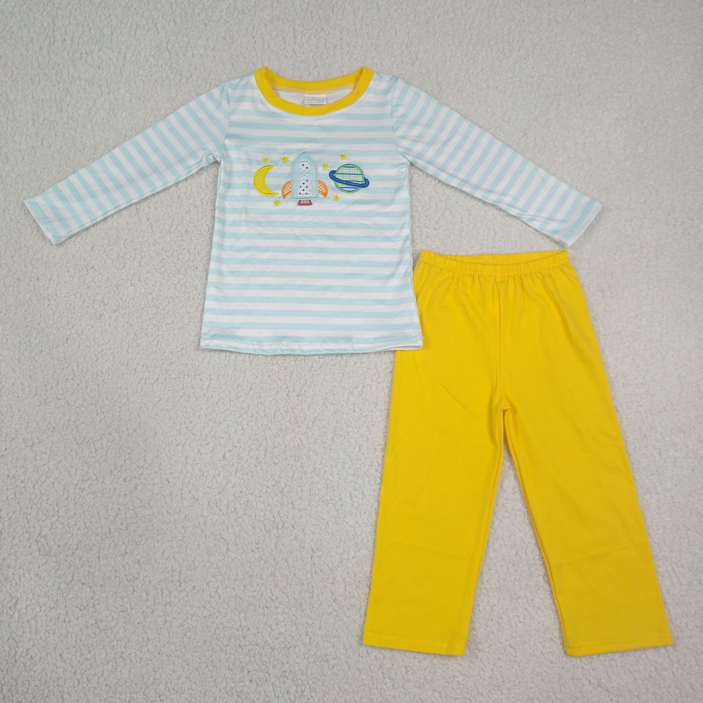 BLP1455 Embroidered Moon Rocket Blue Stripe Long Sleeve Yellow Pants Boys Sets 202608 RTS