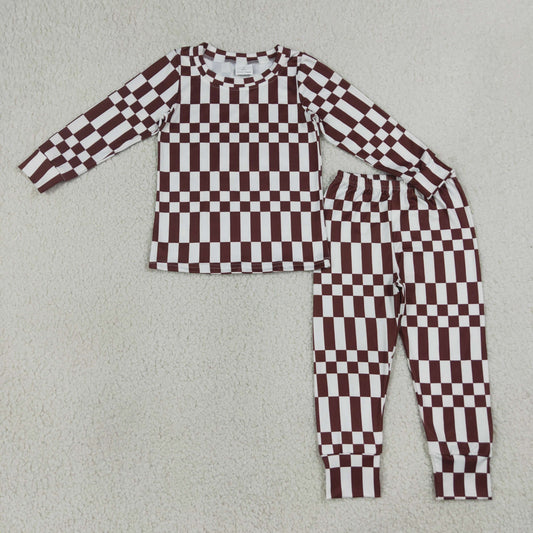 BLP1479 Brown White Plaid Long-Sleeved Pants Boys Sets 202607 RTS