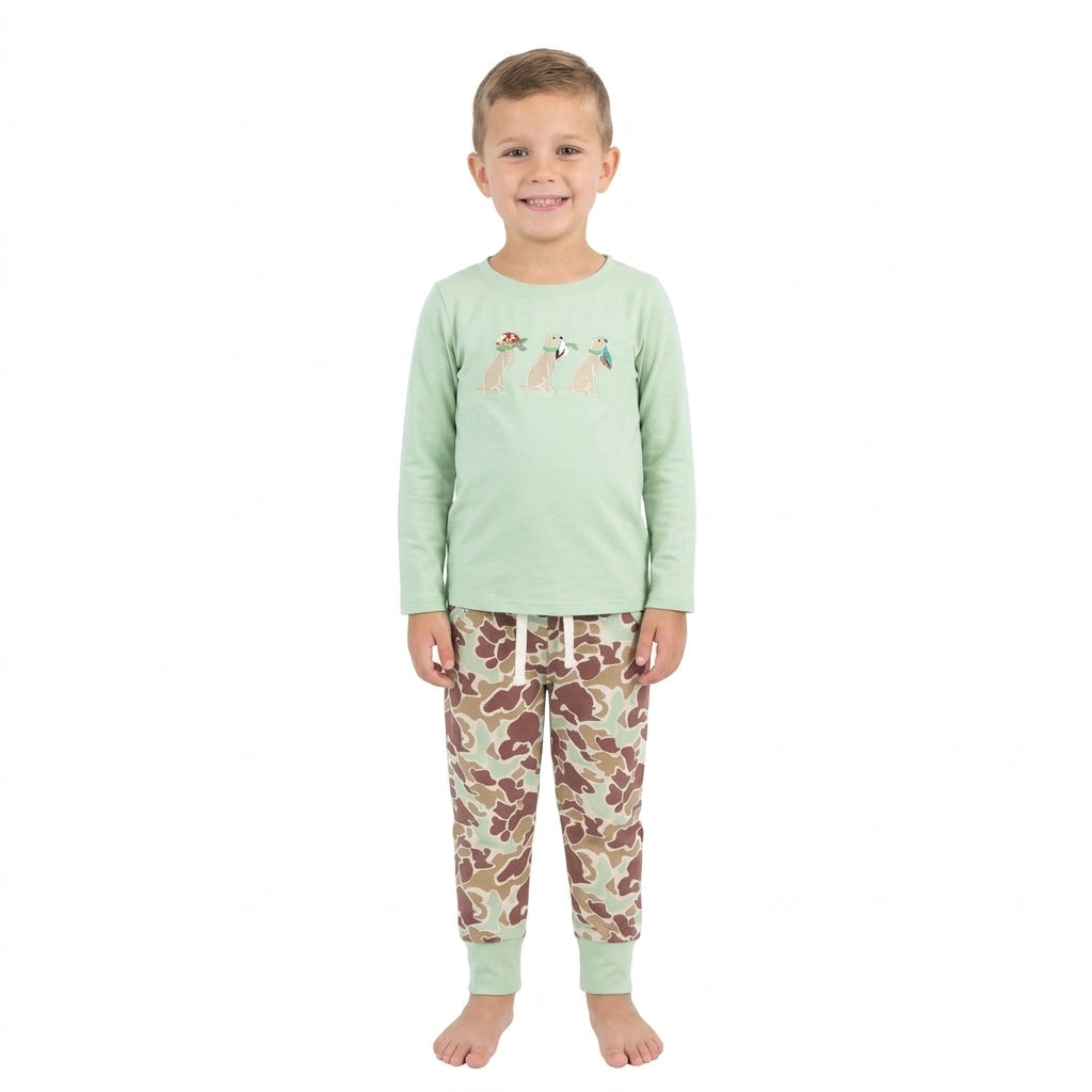 BLP1492 Embroidery Hunting Camo Dog Mint Boys Jogger Set 202609 RTS