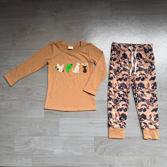 NO MOQ Preorder BLP1493 Embroidered Puppy Fish Deer Duck Camouflage Brown Long-Sleeved Pants Boys Sets 202607