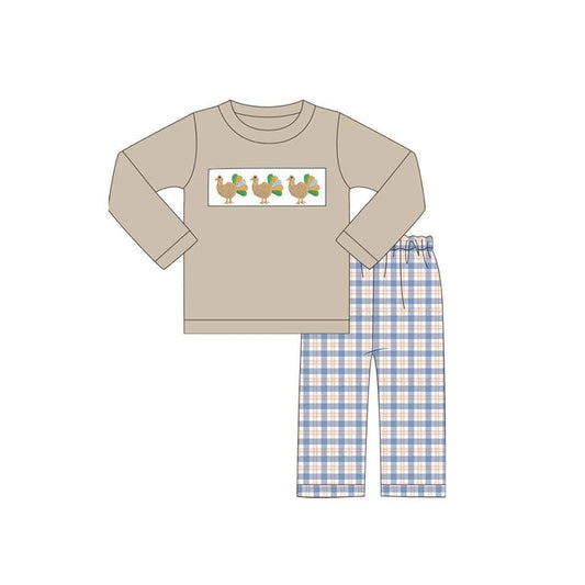 MOQ 5 PCS preorder BLP1495 Thanksgiving Turkey Khaki Long Sleeve Plaid Pants Boys Sets 202606
