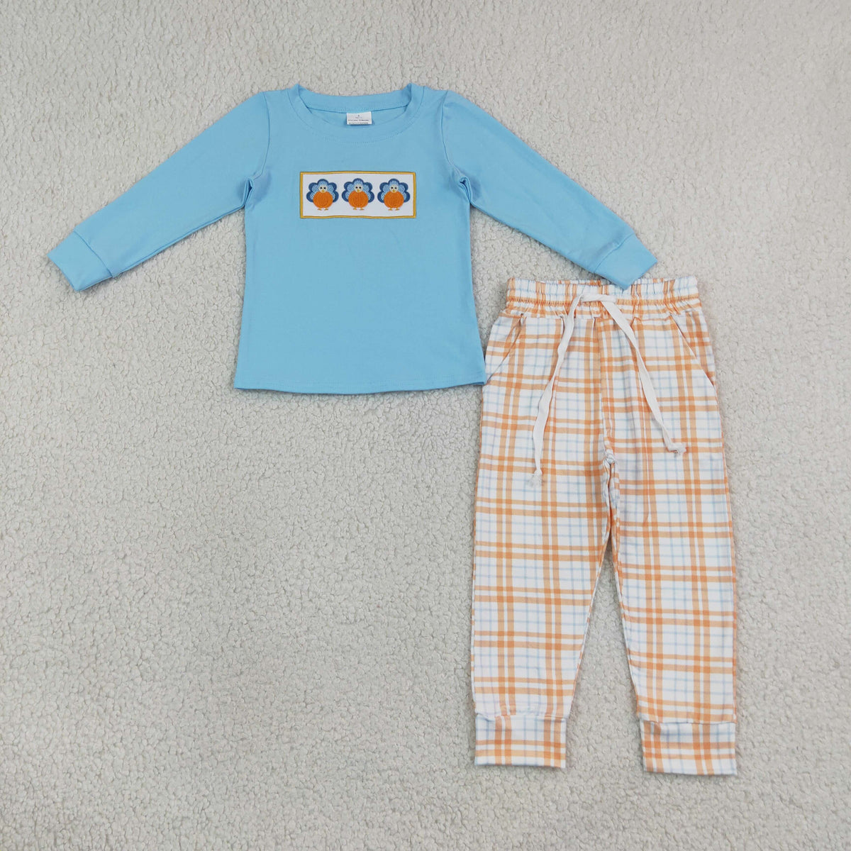 Embroidery Thanksgiving Day Turkey Plaid Kids Sibling Matching Clothes