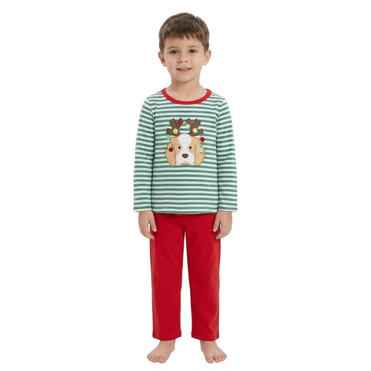 Christmas Embroidery Puppy Antlers Stripe Red Kids Sibling Matching Clothes