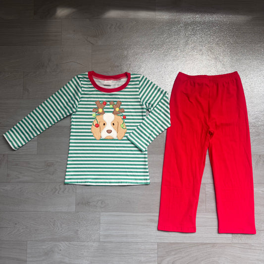 NO MOQ Preorder BLP1502 Embroidered Christmas Reindeer Antler Puppy Green Stripe Long-Sleeved Red Pants Boys Sets 202607
