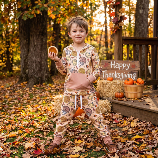 BLP1504 Thanksgiving Day Turkey Pumpkin Boys Hoodie Set 202609 RTS