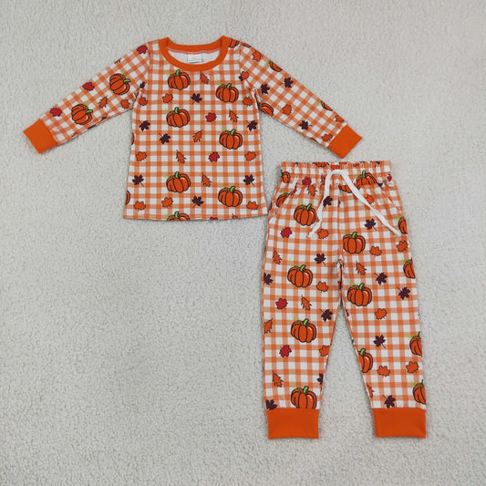 BLP1540 Fall Pumpkin Plaid Orange Boys Pajamas Outfits 202609 RTS