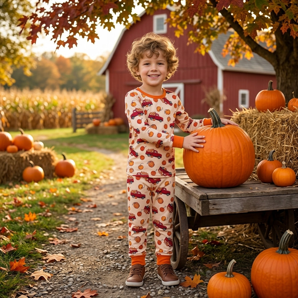 BLP1541 Pumpkin Trucks Boys Pajamas Outfits
