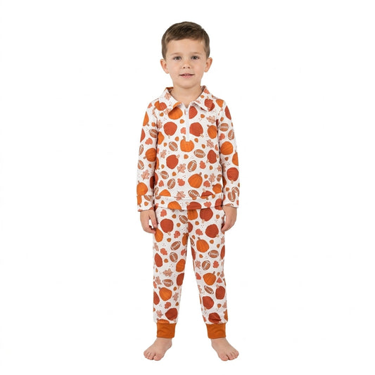BLP1573 Fall Pumpkin Football Leaves Zipper Pullover Orange Boys Set