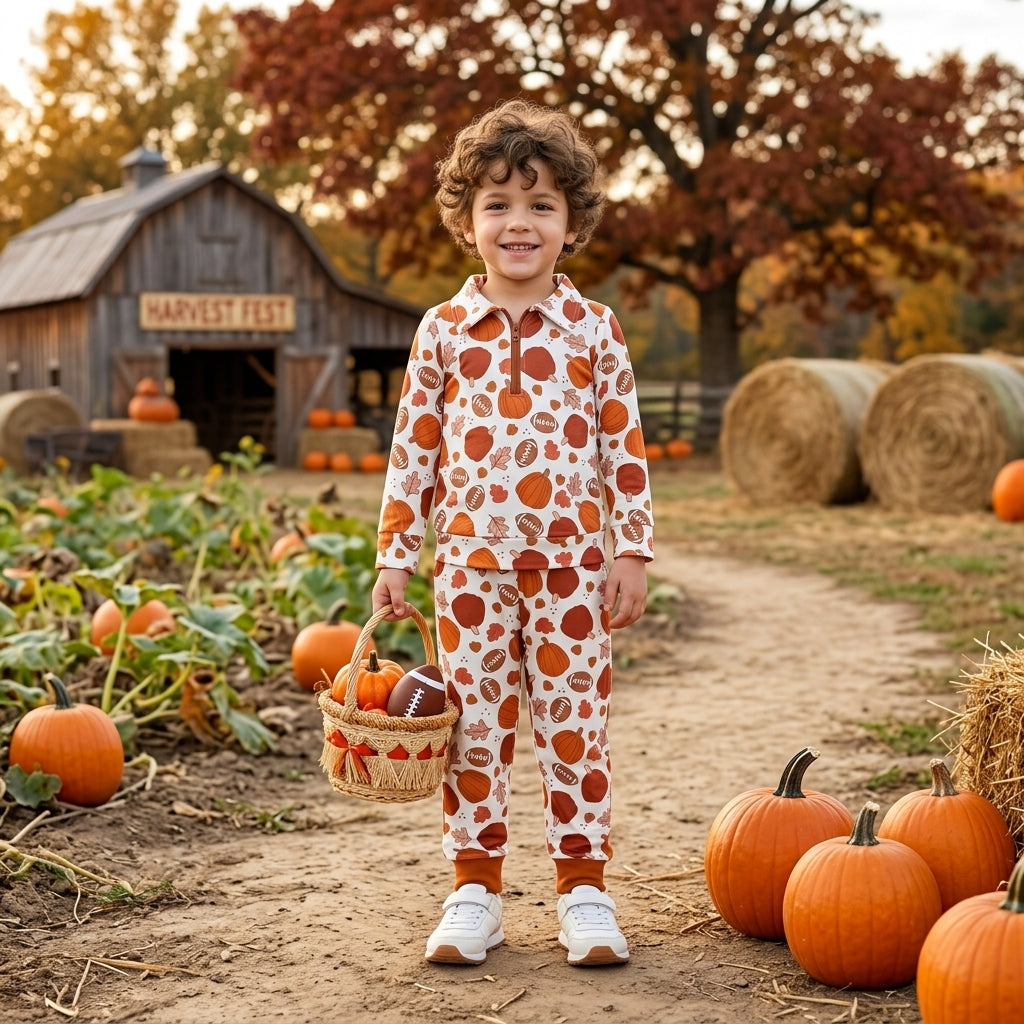 BLP1573 Fall Pumpkin Football Leaves Zipper Pullover Orange Boys Set