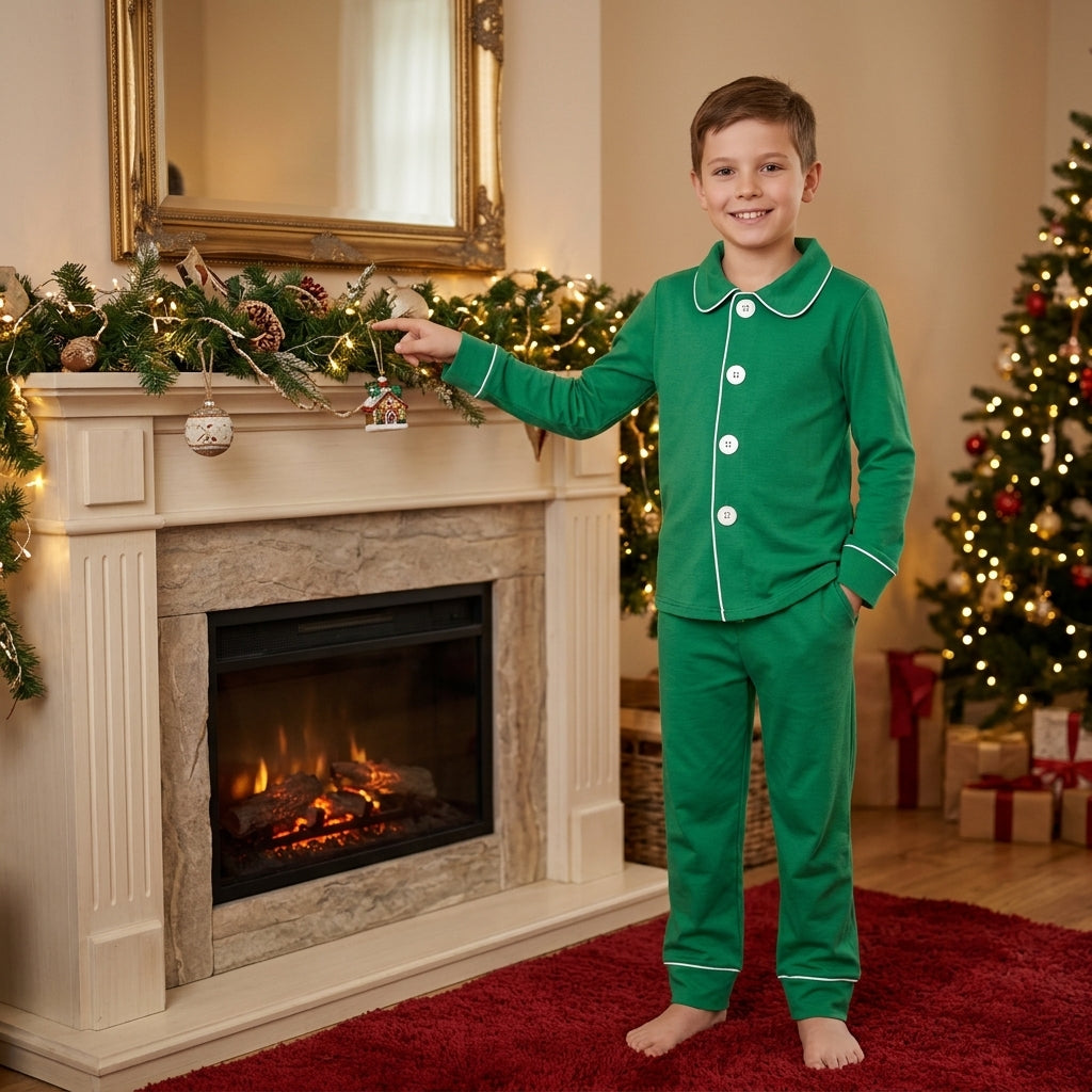 BLP1594 Christmas Solid Green Buttons Boys Pajamas Outfits