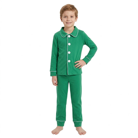 BLP1594 Christmas Solid Green Buttons Boys Pajamas Outfits