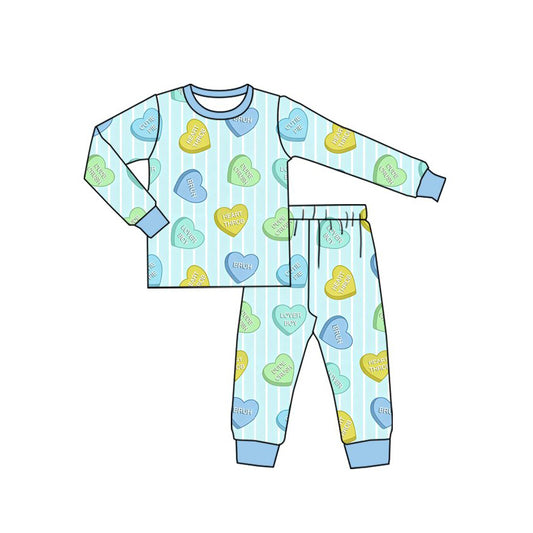Pre-order BLP1596 Boys Heart Letter Print 2‑Piece Pajama Set Stripe Crew Neck Home Sleepwear