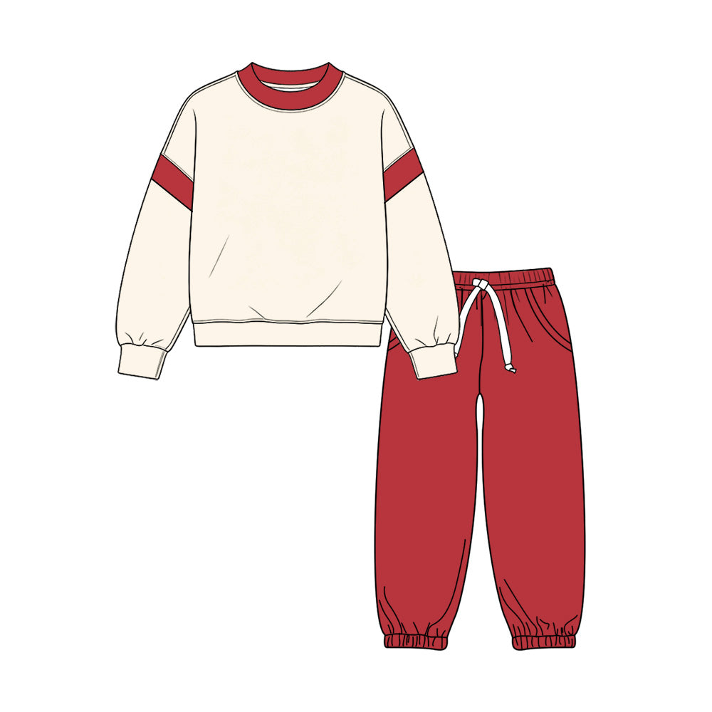 Preorder MOQ 5 pcs BLP1645 Solid Red Beige Cotton Boys Set