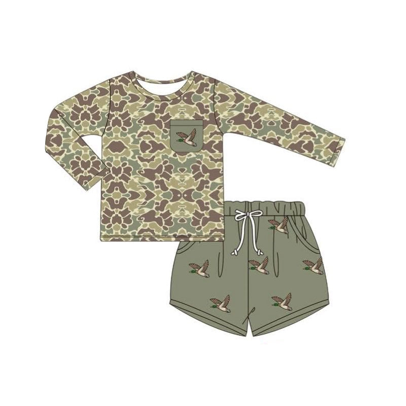preorder BLS0001 Boys Boutique Duck Hunting Army Green Camo Santa Claus Red Hooded Long Sleeve Shorts Set 202506