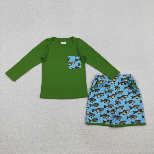 BLS0010 Fishing Pattern Pocket Blue Green Long Sleeve Shorts Boys Set 202510 RTS