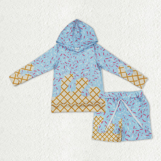 BLS0011 Waffle Ice Cream Drip Light Blue Hooded Long-Sleeved Shorts Boys Set 202510 RTS