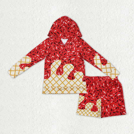 BLS0012 Waffle Ice Cream Drip Red Hooded Long-Sleeved Shorts Boys Set 202510 RTS