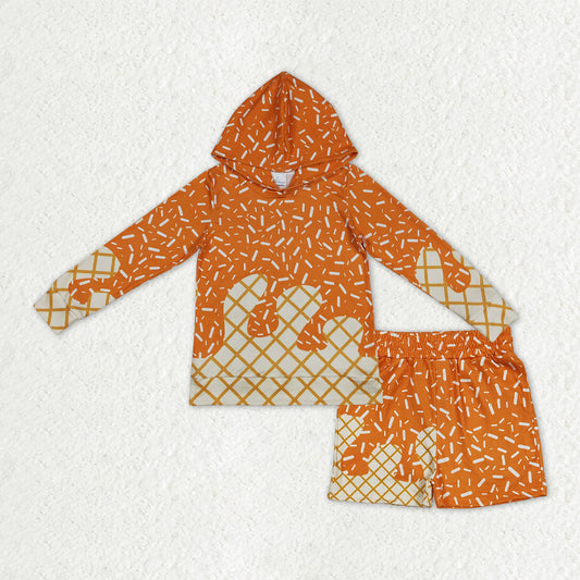 BLS0013 Waffle Ice Cream Drip Orange Hooded Long-Sleeved Shorts Boys Set 202510 RTS