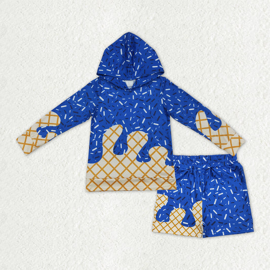 BLS0014 Waffle Ice Cream Drip Blue Hooded Long-Sleeved Shorts Boys Set 202510 RTS