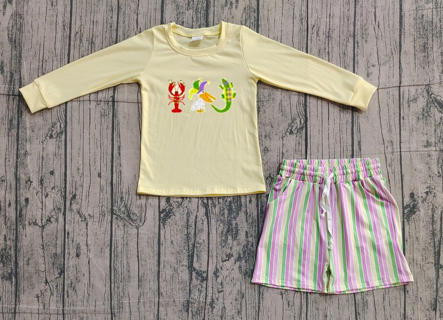 NO MOQ preorder BLS0015 Embroidered Mardi Grass Crayfish Pelican Crocodile Beige Yellow Long Sleeve Stripe Shorts Boys Sets 202511