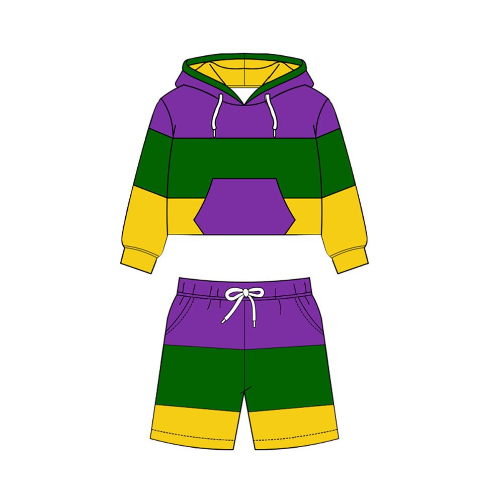 MOQ 5 PCS preorder BLS0023 Mardi Gras Purple Yellow Green Stripe Hooded Long Sleeve Shorts Boys Yoga Sets 202511