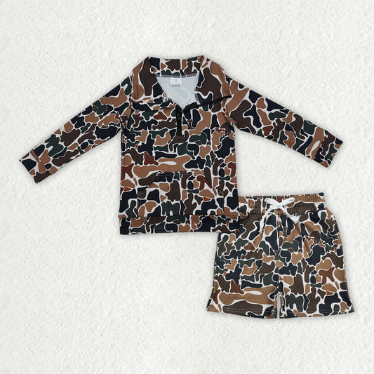 BLS0027 NEW Brown Green Camouflage Zip up Collar Long-Sleeved Shorts Boys Sets 202512 RTS