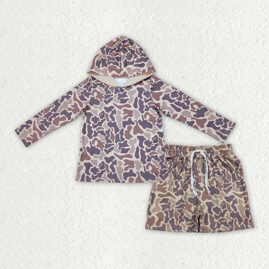 BLS0033 Brown Camouflage Hooded Long-Sleeved Shorts Boys Sets 202602 RTS