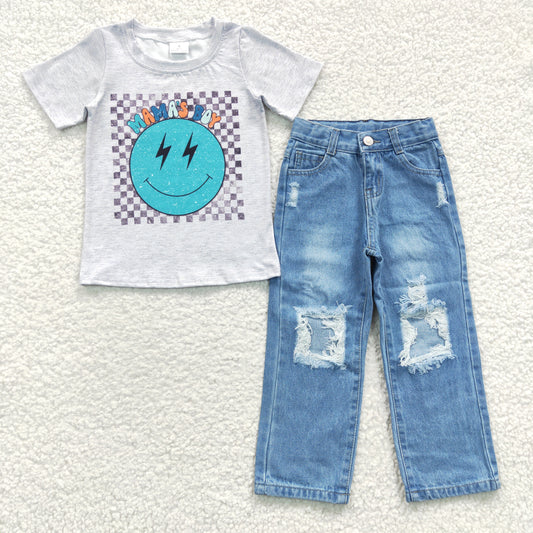 BSPO0117 2Pcs Blue Emoji Smile Denim Boys Short Sleeve Bell Bottom Pants Outfits
