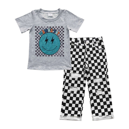 BSPO0123 2Pcs Grey Emoji Smile Denim Boys Short Sleeve Bell Bottom Pants Outfits
