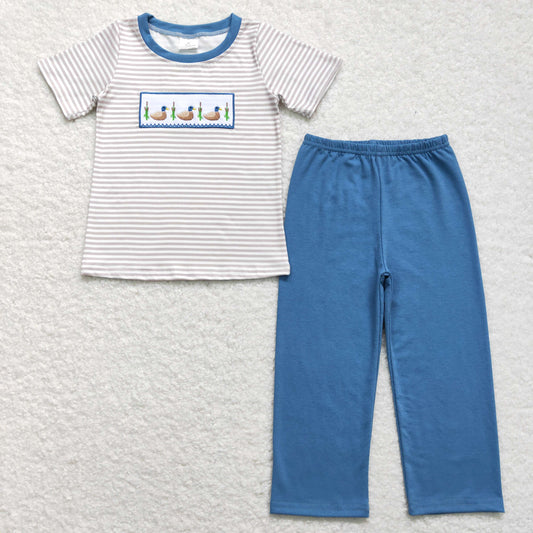 BSPO0305 Embroidered Ducks Stripe Blue Short Sleeve Pants Boys Outfits RTS 202508