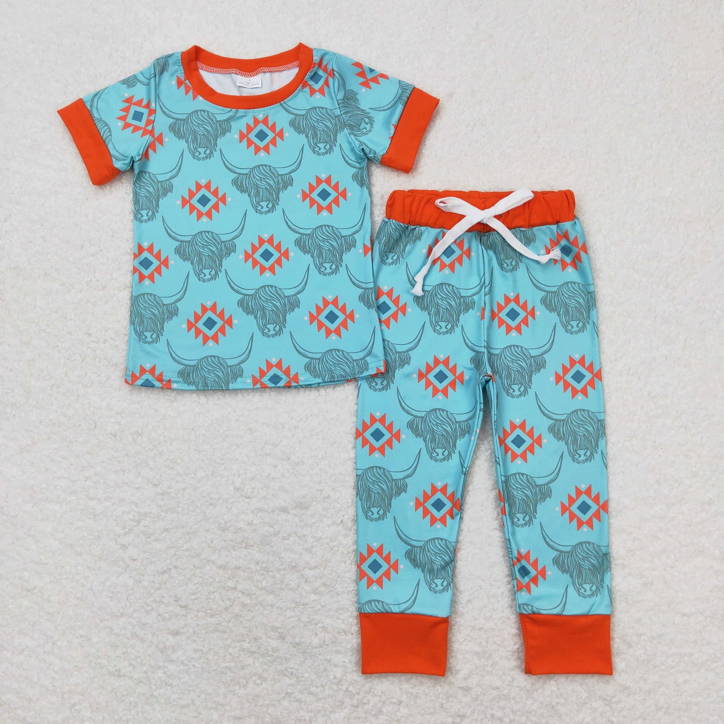 BSPO0328 Alpine Bull Head Geometric Blue-Brown Short-Sleeved Pants Boys Pajamas Sets RTS 202508