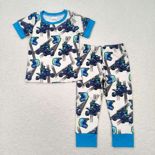 BSPO0354 motorcycle boy blue short sleeve top pants sets boys boutique clothes 202404 RTS