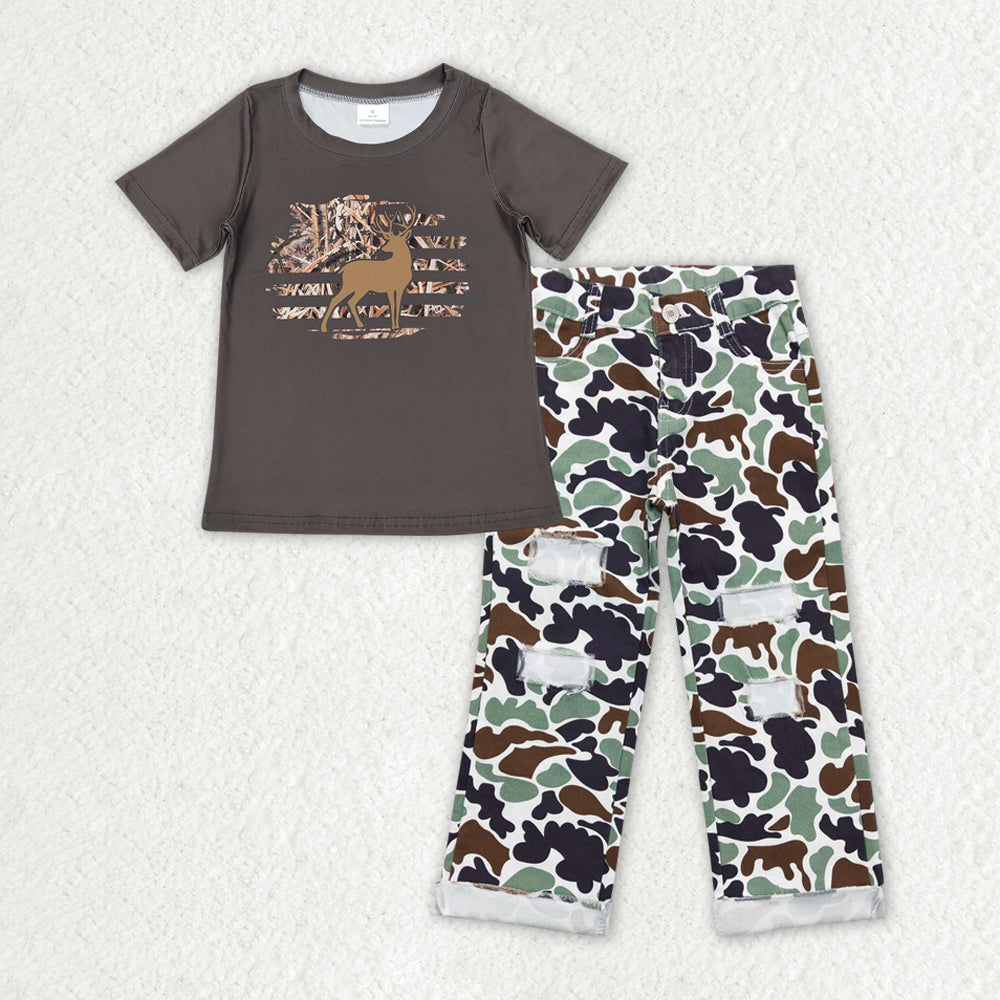 BSPO0395 Deer Hunting Boys Dark Grey Short Sleeve Camo Ripped Denim Jeans Pants RTS 202404 RTS