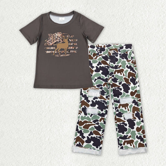 BSPO0395 Deer Hunting Boys Dark Grey Short Sleeve Camo Ripped Denim Jeans Pants  RTS 202404 RTS
